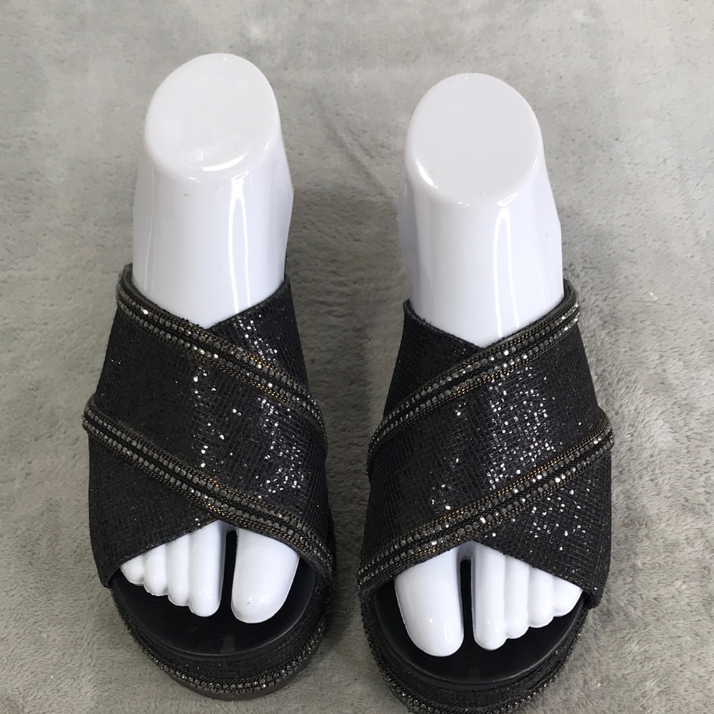 TSAKIRIS MALLAS Black Bejeweled Criss Cross Platform Sandals 6.5